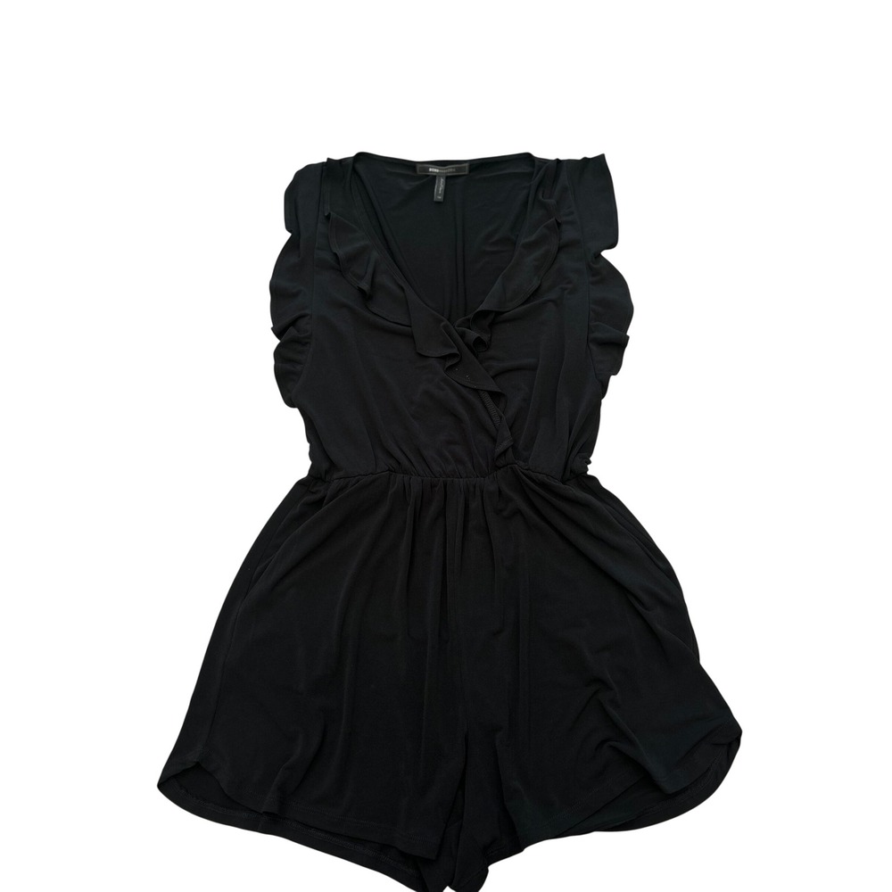 BCBGMAXAZRIA Black Ruffle Surplice V-Neck Romper XS YDM9E336-001